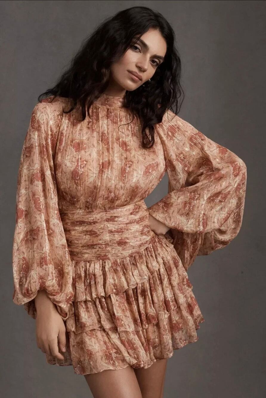 Anthropologie Ella Dress Sz 14 Floral Mini Tiered Ruffle Balloon Sleeve Gold